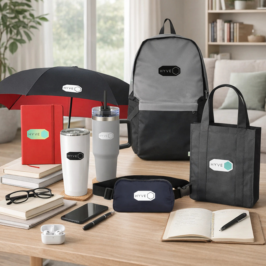 HYVE branded corporate gifts collection including tumbler, backpack, tote bag, umbrella, belt bag, notebook and earbuds