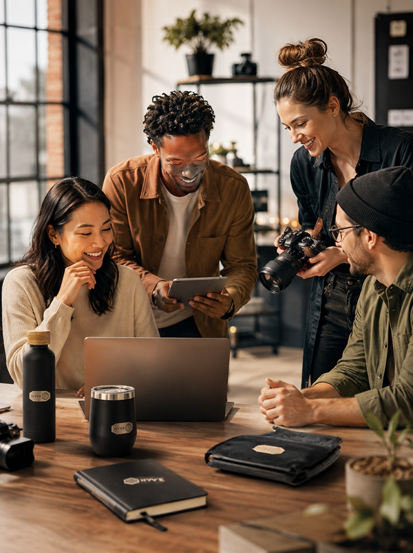 Four people gathered around a laptop and tablet in a bright, modern office or studio space. One person holds a camera, and another holds a tablet, while two others observe.