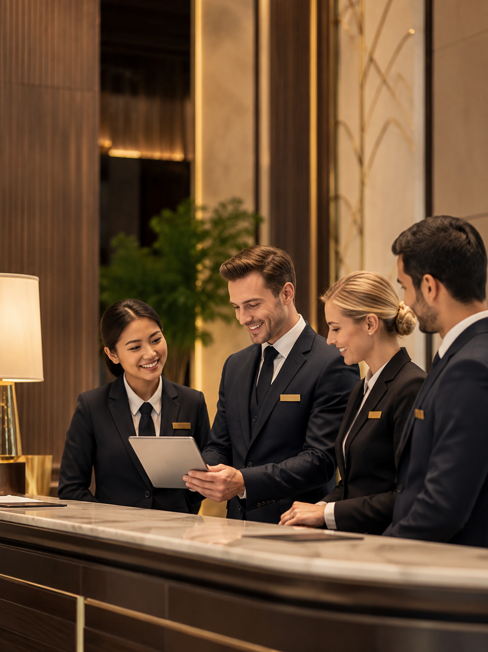 Hotel reception desk scene with four staff members in dark navy uniforms behind a marble counter, one holding a tablet, in a warmly lit lobby.