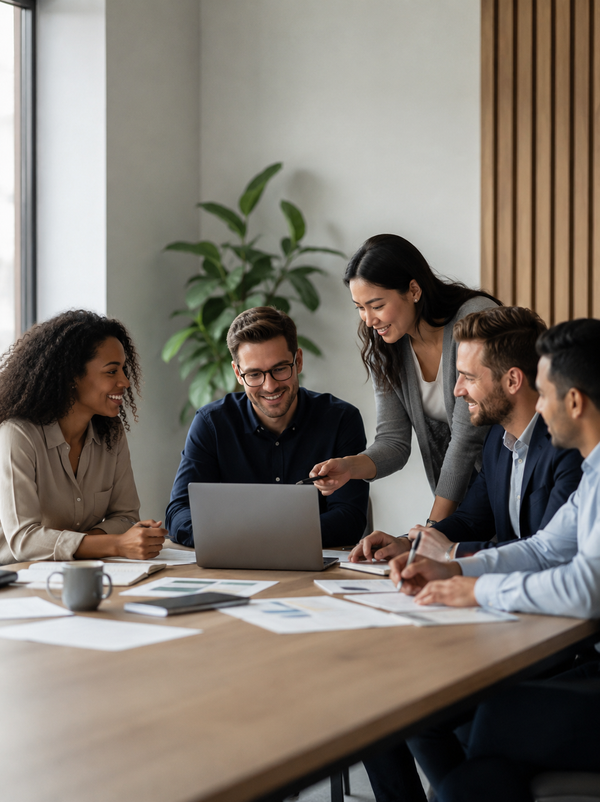 A group of five colleagues gathered around a wooden conference table, discussing work with a laptop, papers, and a coffee mug in a bright, modern office.