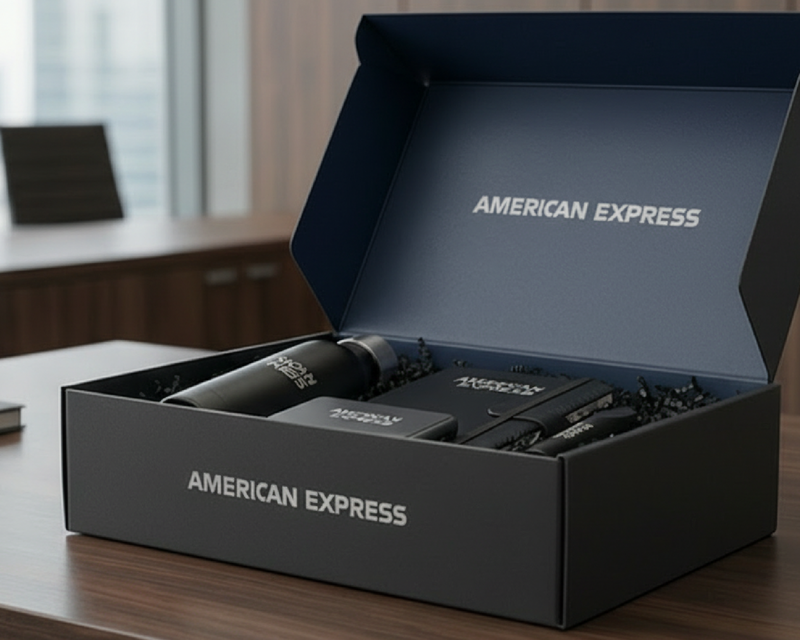 American Express gift set in a box on a table with a blurred office background