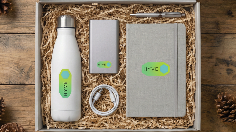 Gift set with HYVE branding including a water bottle, power bank, and notebook on a wooden surface.