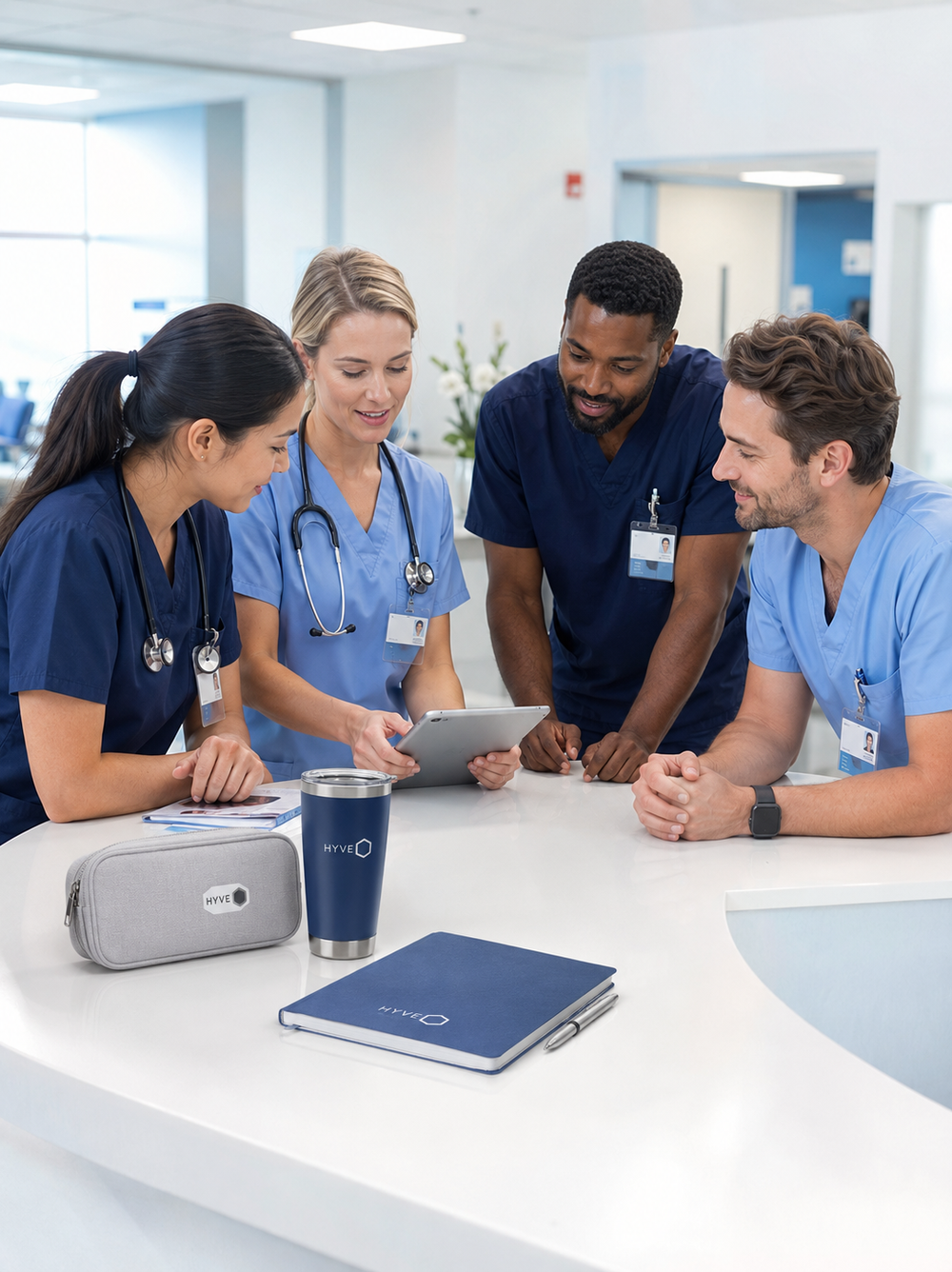 Four healthcare professionals in blue and navy scrubs gathered around a tablet on a white medical conference table, with a matching branded blue notebook and cup in the foreground.