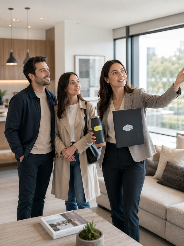 Three people standing in a modern living room, with the woman on the right holding a black folder with a white geometric logo and pointing toward a window. The room has a light beige sofa, a wooden coffee table, and large floor-to-ceiling windows.