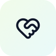 A minimalist dark blue outline icon of a heart-shaped handshake on a pale mint green rounded square background.