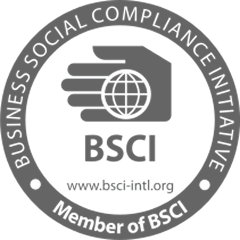A circular gray and white BSCI logo with a hand holding a globe, the text 'BUSINESS SOCIAL COMPLIANCE INITIATIVE', 'BSCI', 'www.bsci-intl.