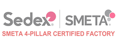 A logo-style graphic on a white background reading 'Sedex | SMETA' with the text 'SMETA 4-PILLAR CERTIFIED FACTORY' below in red and gray.