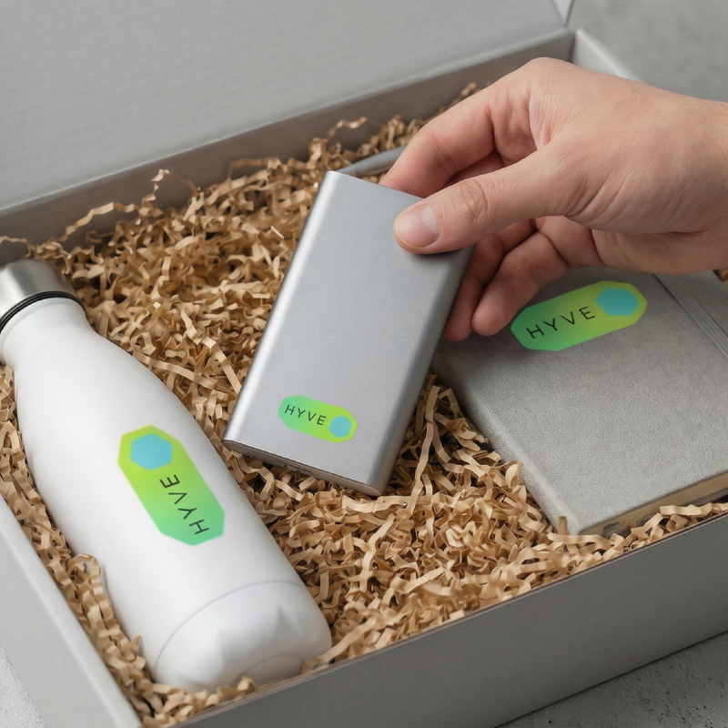 Hand holding a power bank with a white bottle and box in a box labeled 'HYVE'.