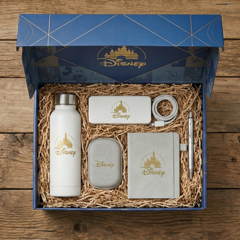 Disney branded stationery set including water bottle, phone case, pen, and notebook in a decorative box.