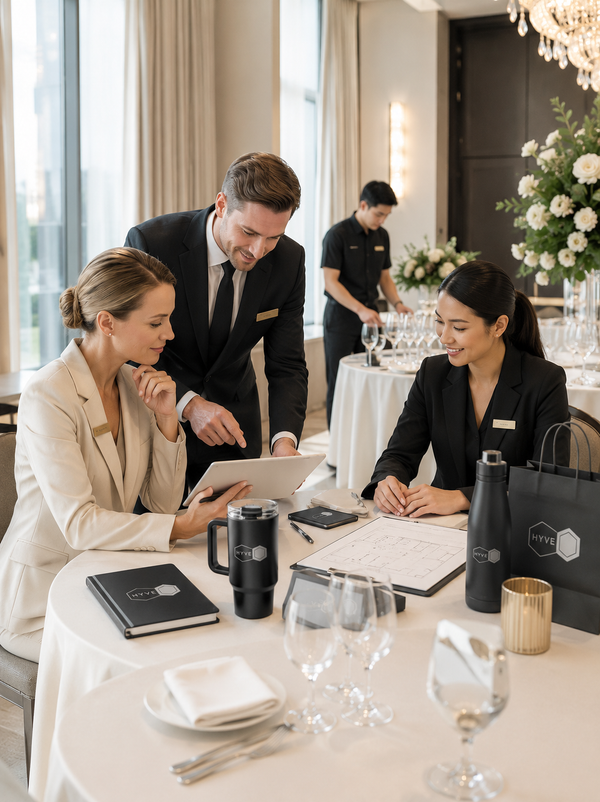 Three staff members in black uniforms and beige blazers collaborate over a tablet at a elegantly set dining table, with a fourth staff member visible in the background of a bright, upscale restaurant.