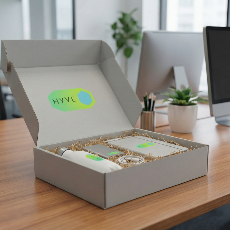 Open box with 'HYVE' branding on a desk in an office setting