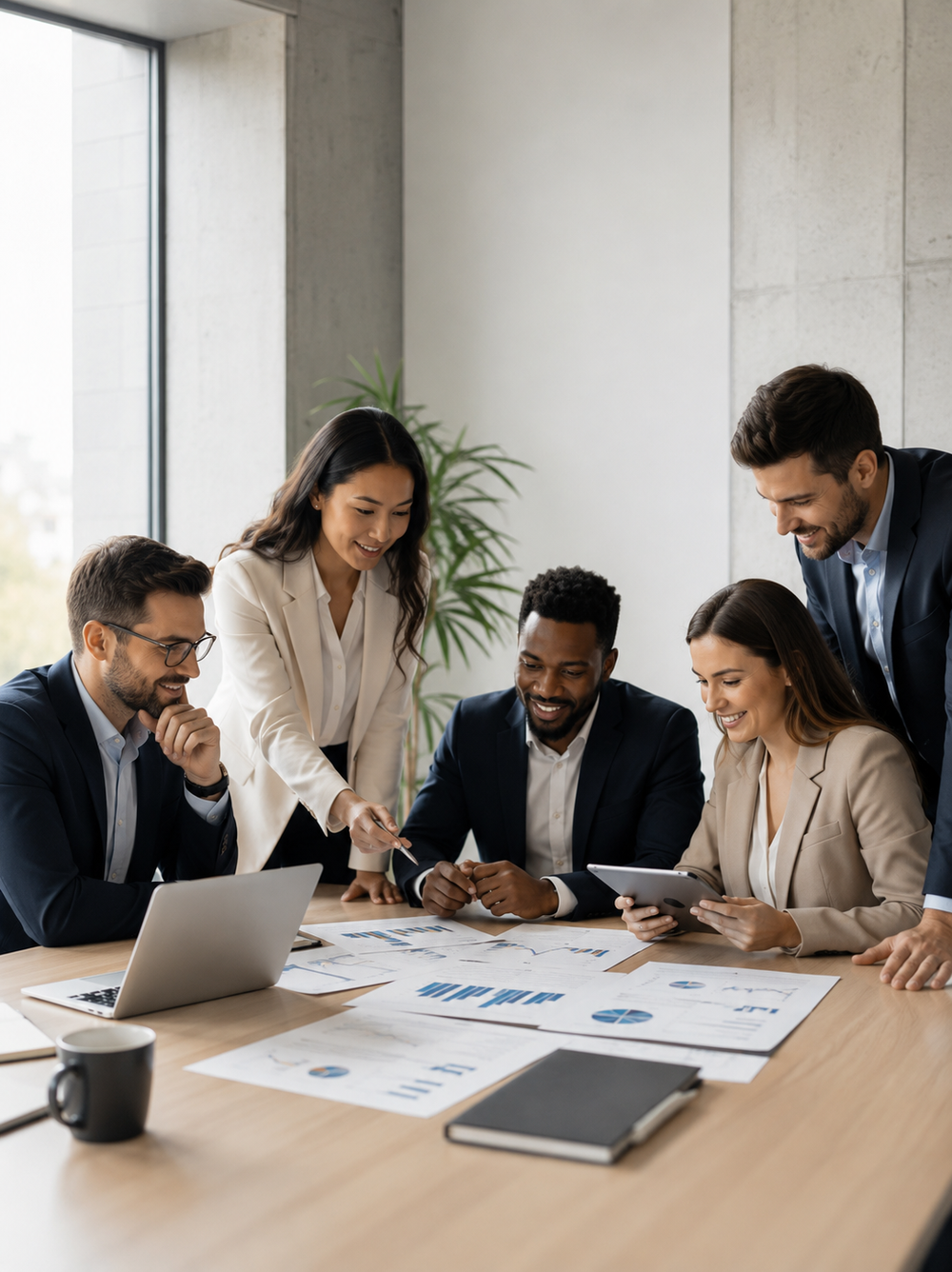 A group of five business professionals collaborating around a wooden conference table, reviewing printed charts and spreadsheets with laptops and tablets in a modern office setting.